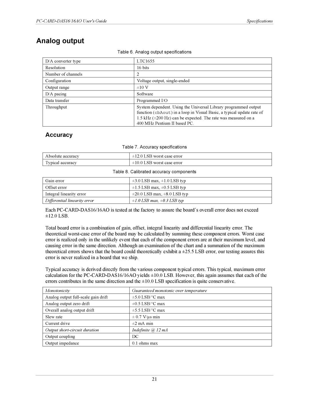 IBM DAS16AO manual Analog output 