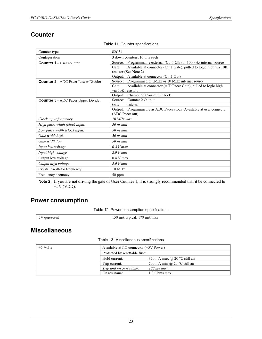 IBM DAS16AO manual Counter, Power consumption, Miscellaneous 