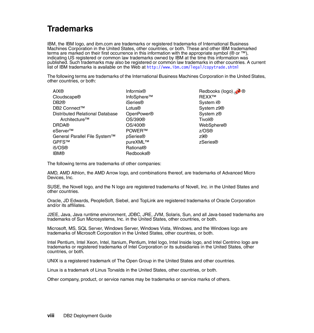 IBM DB2 Trademarks, Informix Redbooks logo Cloudscape InfoSphere, OS/400 WebSphere EServer, PureXML ZSeries I5/OS Rational 