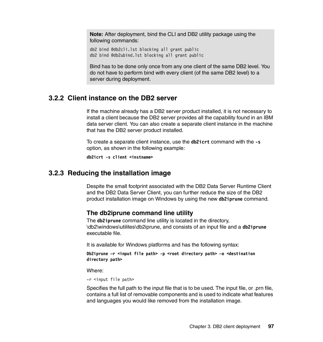 IBM manual Client instance on the DB2 server, Reducing the installation image, Db2iprune command line utility 