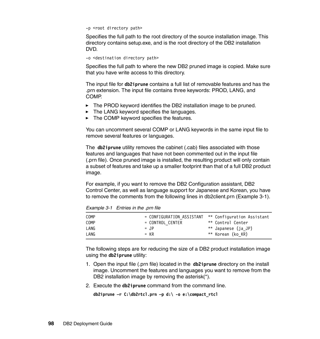 IBM manual Example 3-1 Entries in the .prn file, 98 DB2 Deployment Guide 