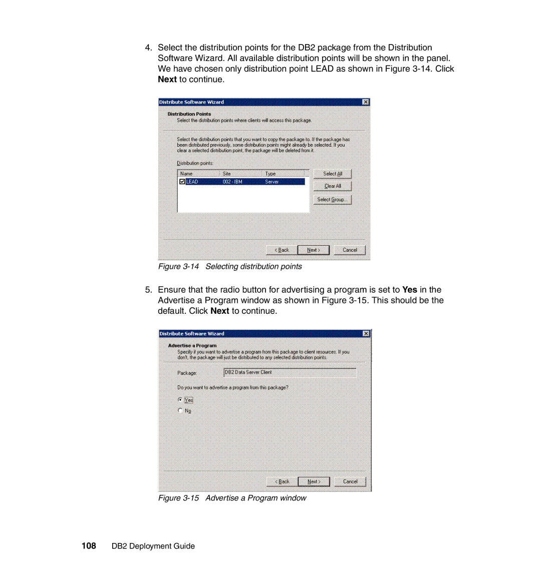 IBM DB2 manual Selecting distribution points, Advertise a Program window 