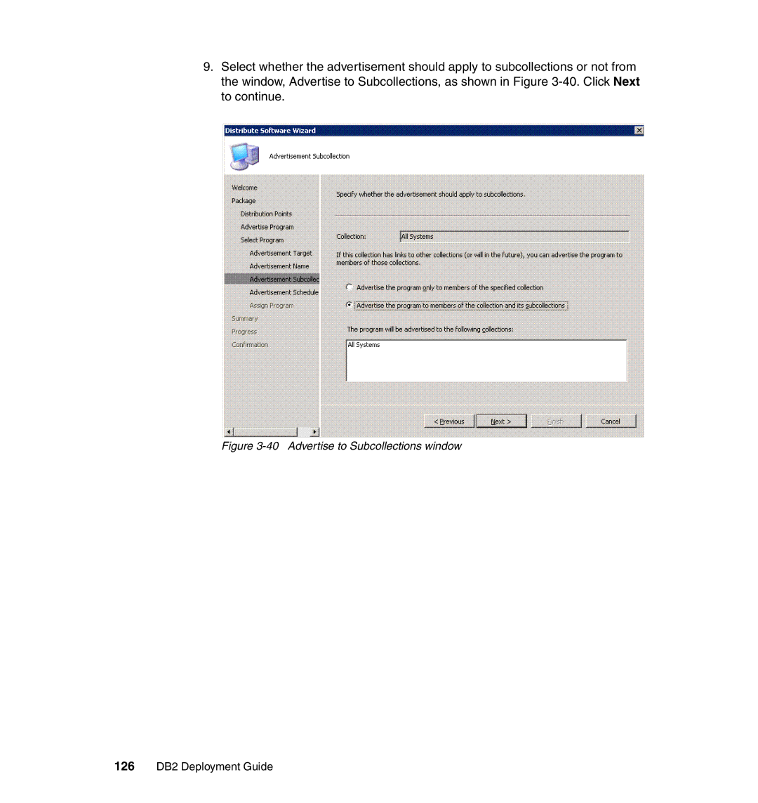 IBM manual Advertise to Subcollections window, 126 DB2 Deployment Guide 