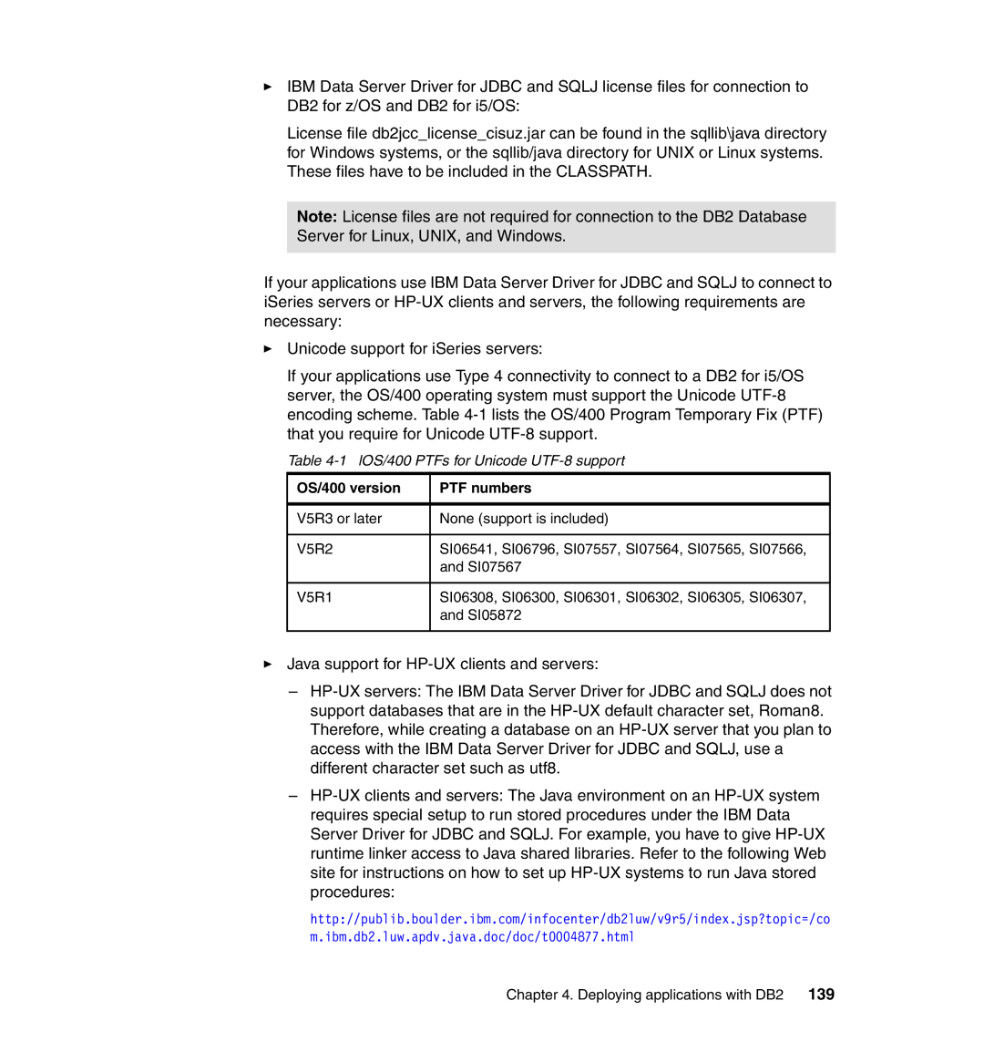 IBM manual LOS/400 PTFs for Unicode UTF-8 support, Deploying applications with DB2 