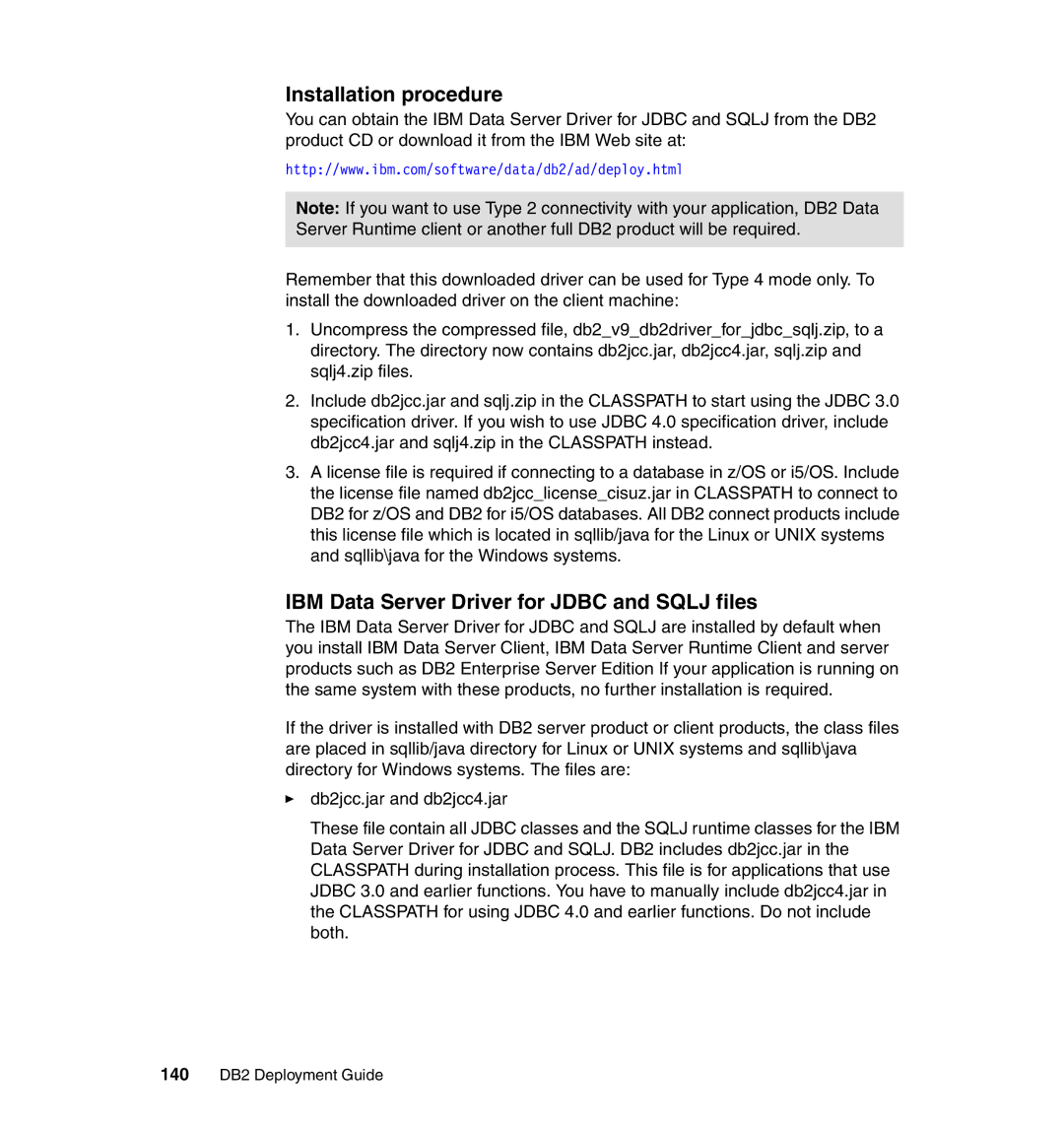 IBM manual Installation procedure, IBM Data Server Driver for Jdbc and Sqlj files, 140 DB2 Deployment Guide 