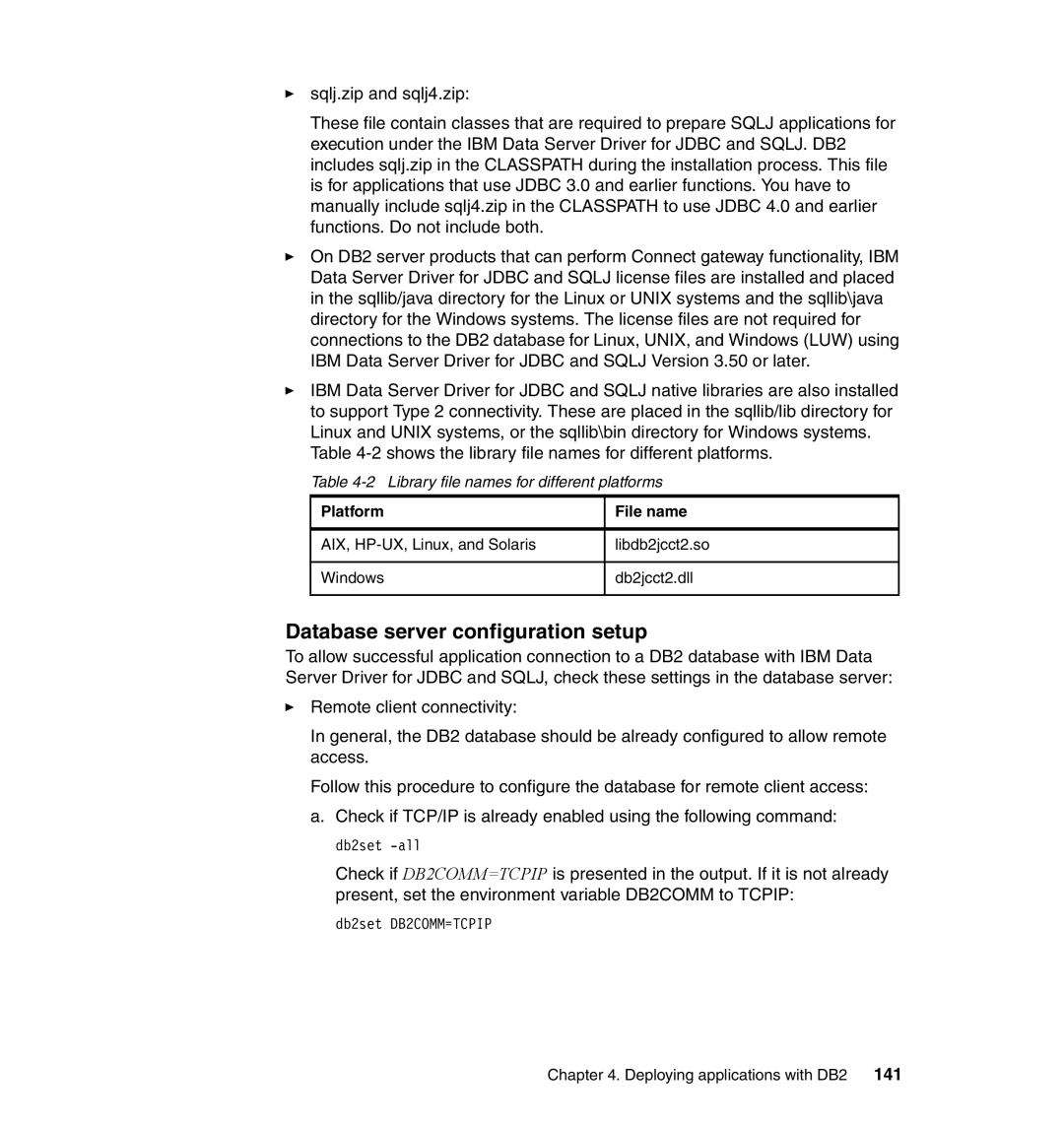 IBM DB2 manual Database server configuration setup, Library file names for different platforms 