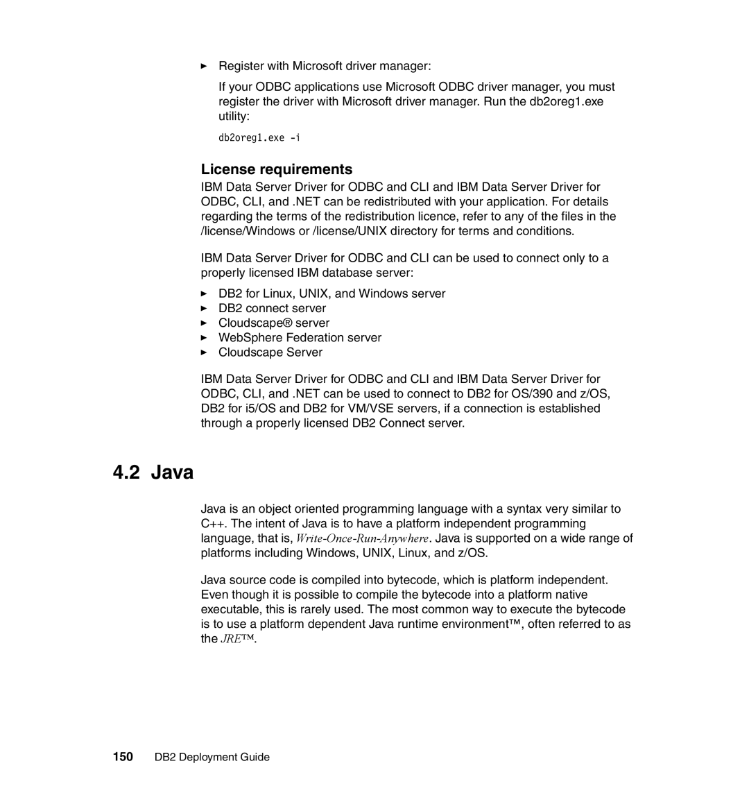 IBM manual Java, License requirements, 150 DB2 Deployment Guide 