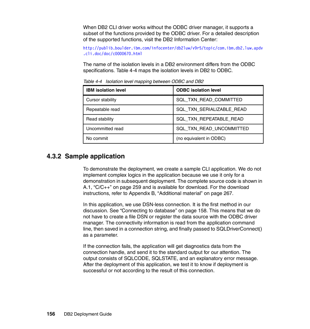 IBM manual Sample application, Isolation level mapping between Odbc and DB2 