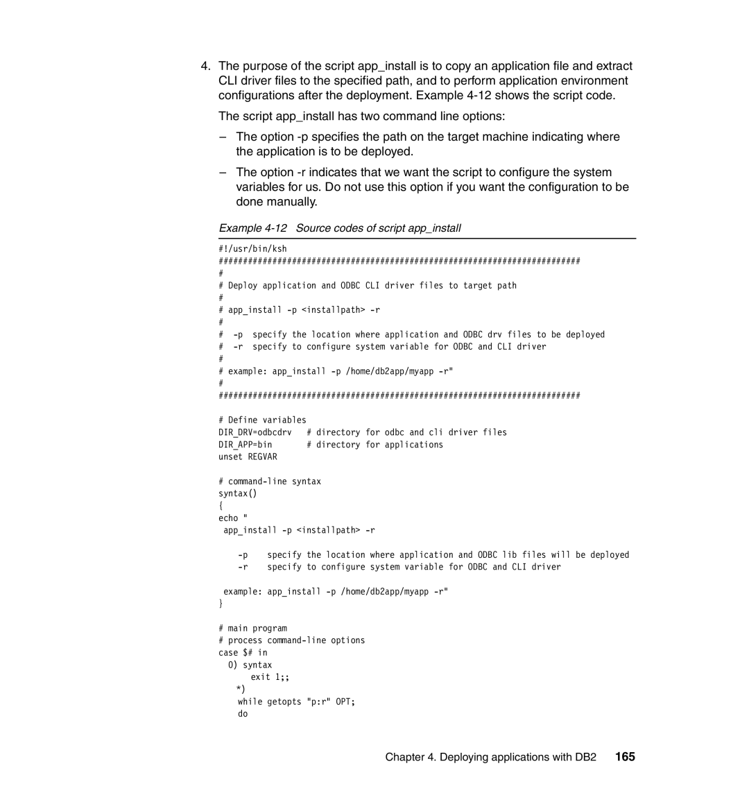 IBM DB2 manual Example 4-12 Source codes of script appinstall 