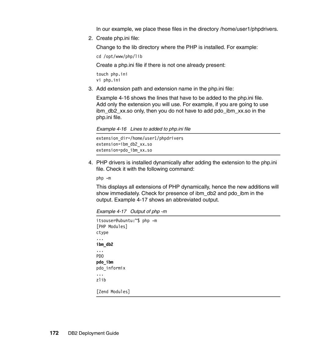 IBM manual Example 4-16 Lines to added to php.ini file, Example 4-17 Output of php -m, 172 DB2 Deployment Guide 