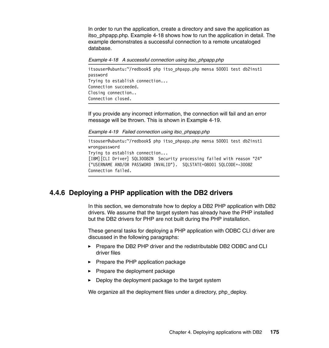 IBM manual Deploying a PHP application with the DB2 drivers, Example 4-18 a successful connection using itsophpapp.php 