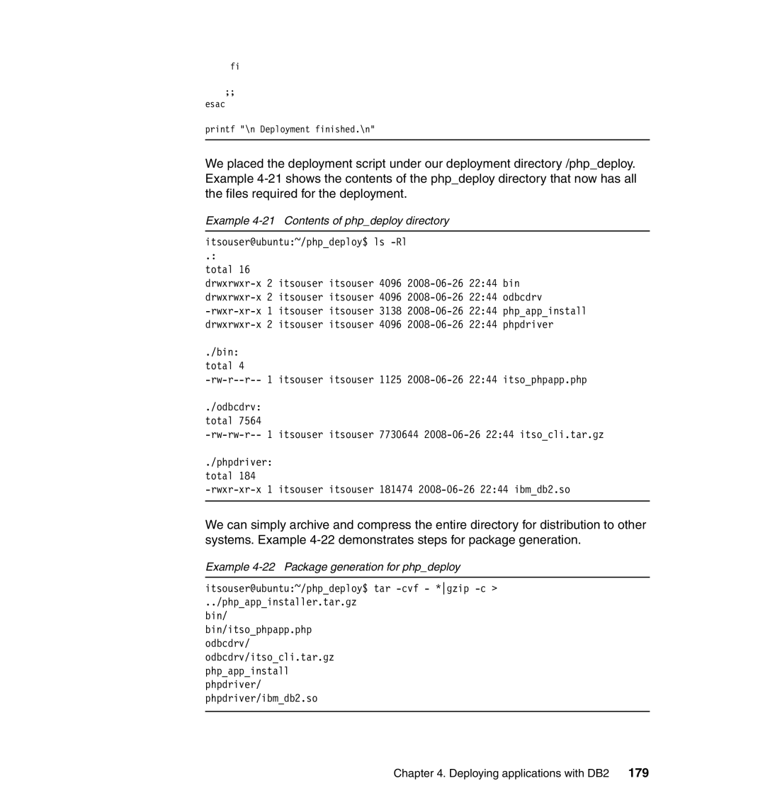 IBM DB2 manual Example 4-21 Contents of phpdeploy directory, Example 4-22 Package generation for phpdeploy 