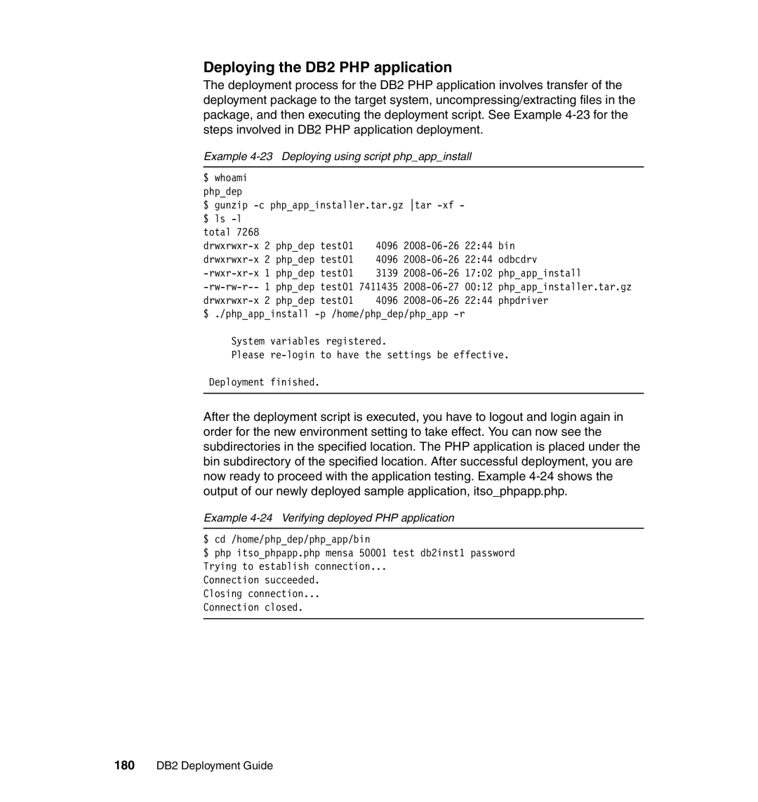 IBM Deploying the DB2 PHP application, Example 4-23 Deploying using script phpappinstall, 180 DB2 Deployment Guide 