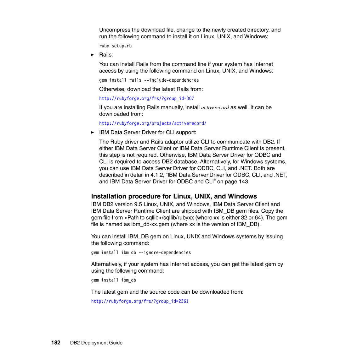IBM manual Installation procedure for Linux, UNIX, and Windows, 182 DB2 Deployment Guide 