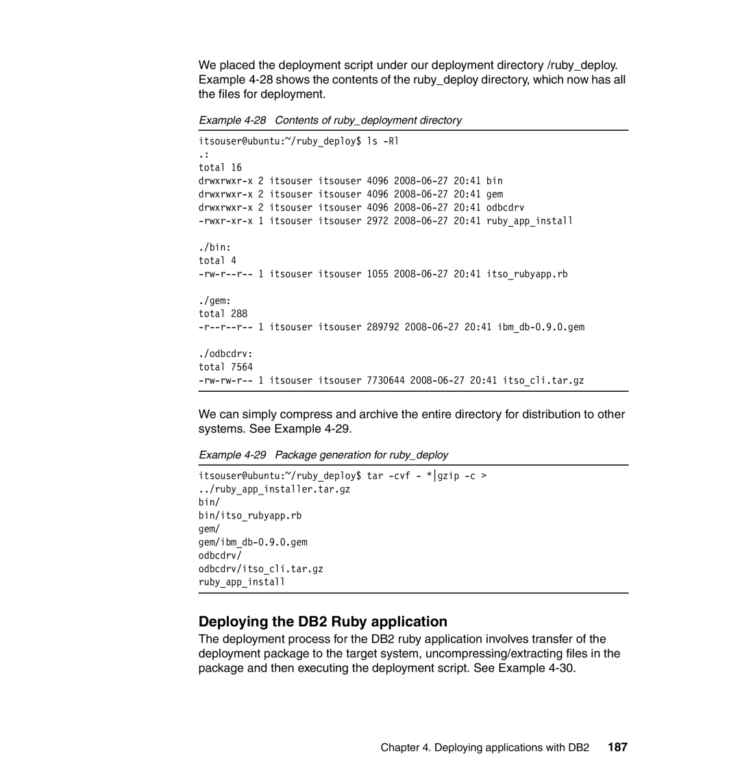 IBM manual Deploying the DB2 Ruby application, Example 4-28 Contents of rubydeployment directory 