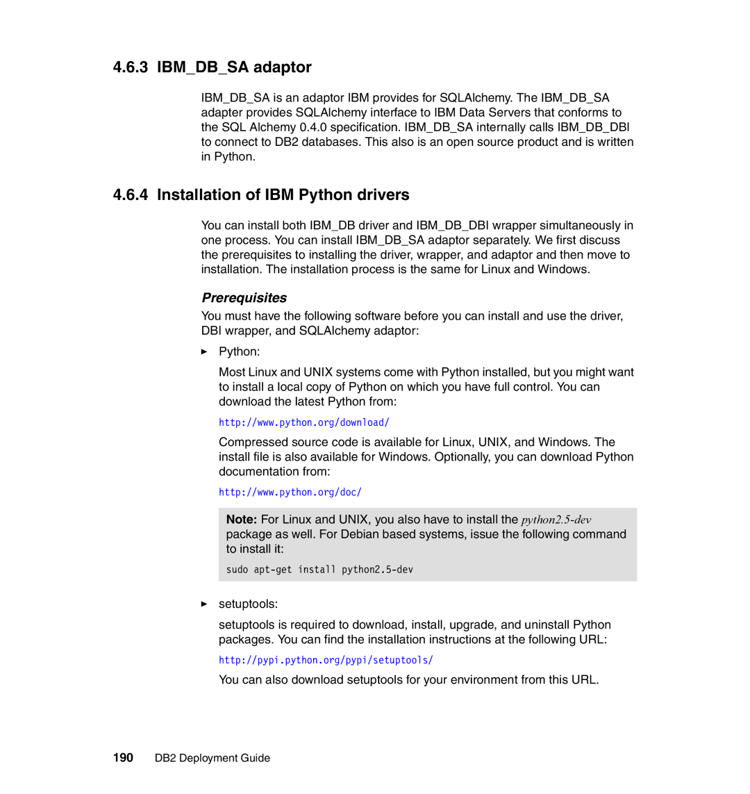 IBM manual Ibmdbsa adaptor, Installation of IBM Python drivers, 190 DB2 Deployment Guide 