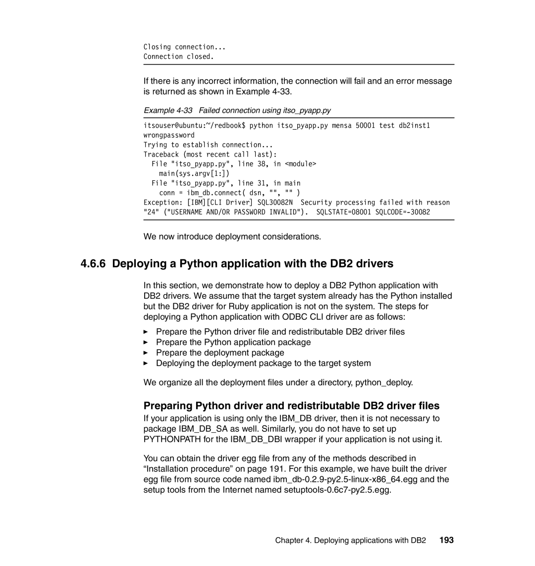 IBM manual Deploying a Python application with the DB2 drivers, Example 4-33 Failed connection using itsopyapp.py 