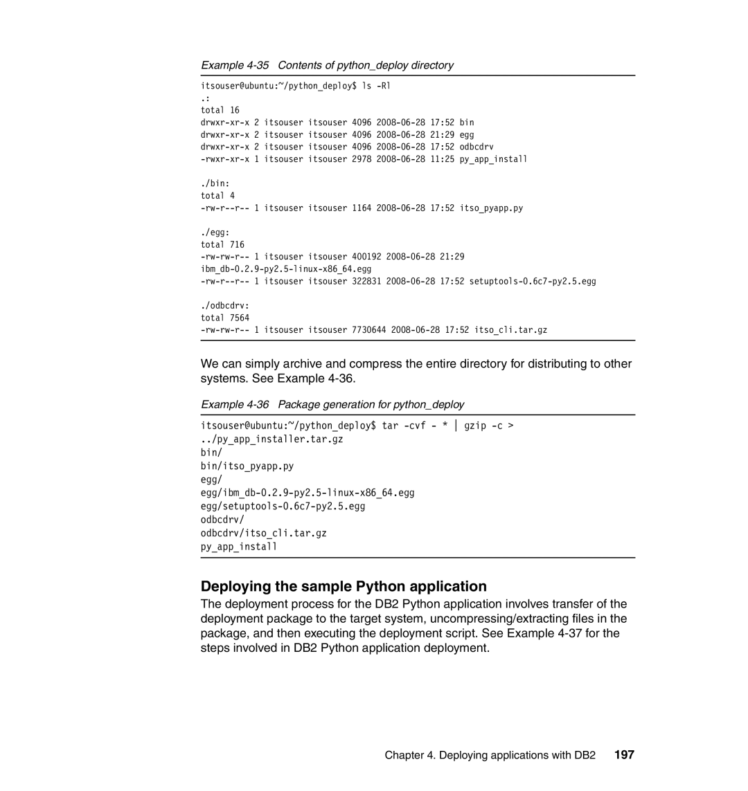 IBM DB2 manual Deploying the sample Python application, Example 4-35 Contents of pythondeploy directory 