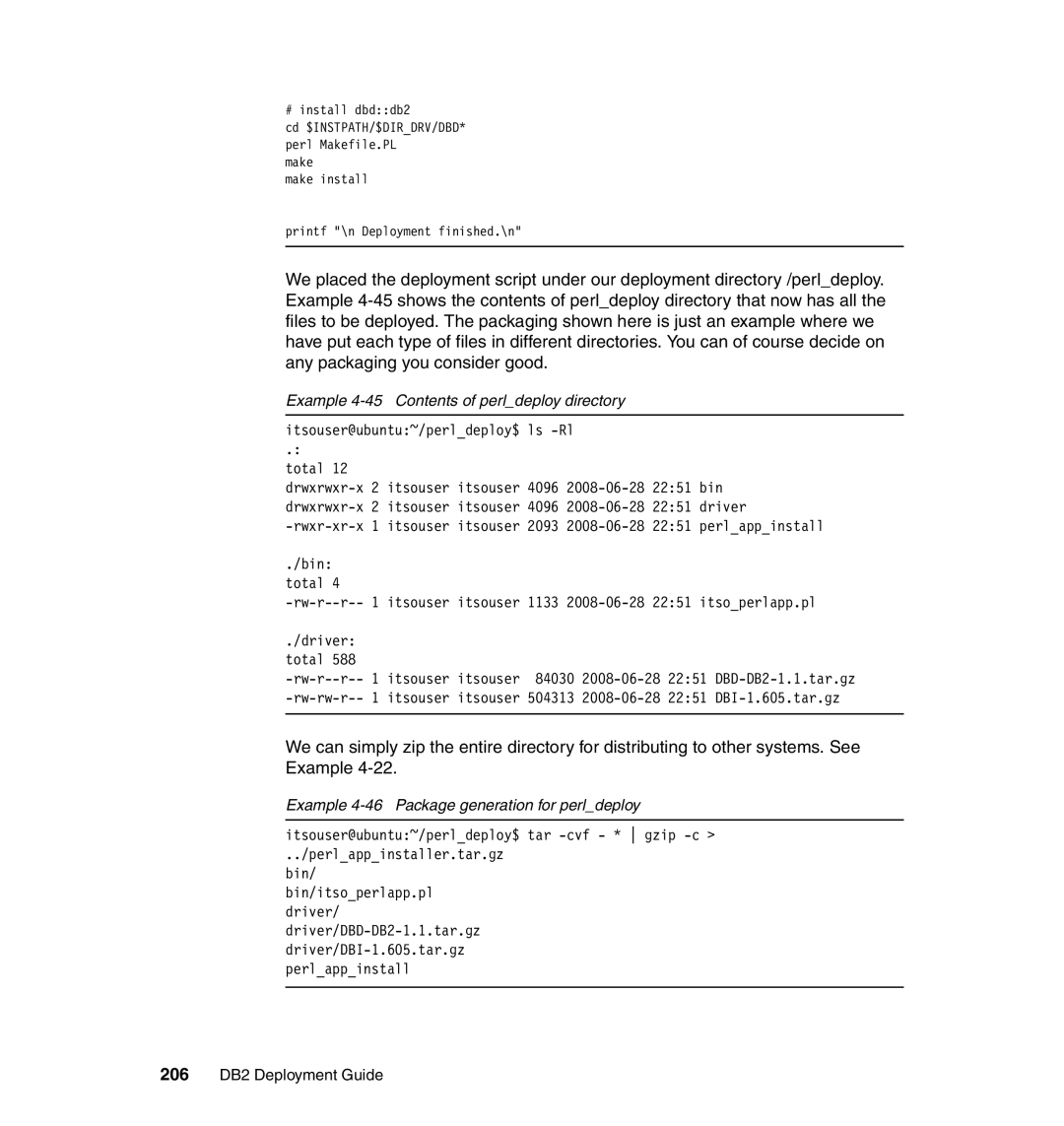 IBM DB2 manual Example 4-45 Contents of perldeploy directory, Example 4-46 Package generation for perldeploy 