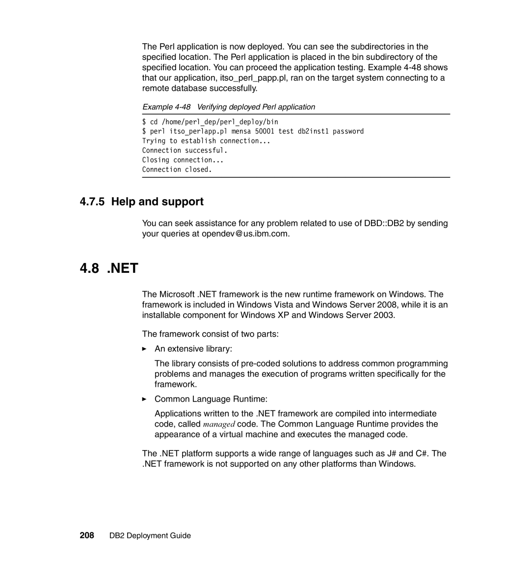 IBM manual Net, Example 4-48 Verifying deployed Perl application, 208 DB2 Deployment Guide 