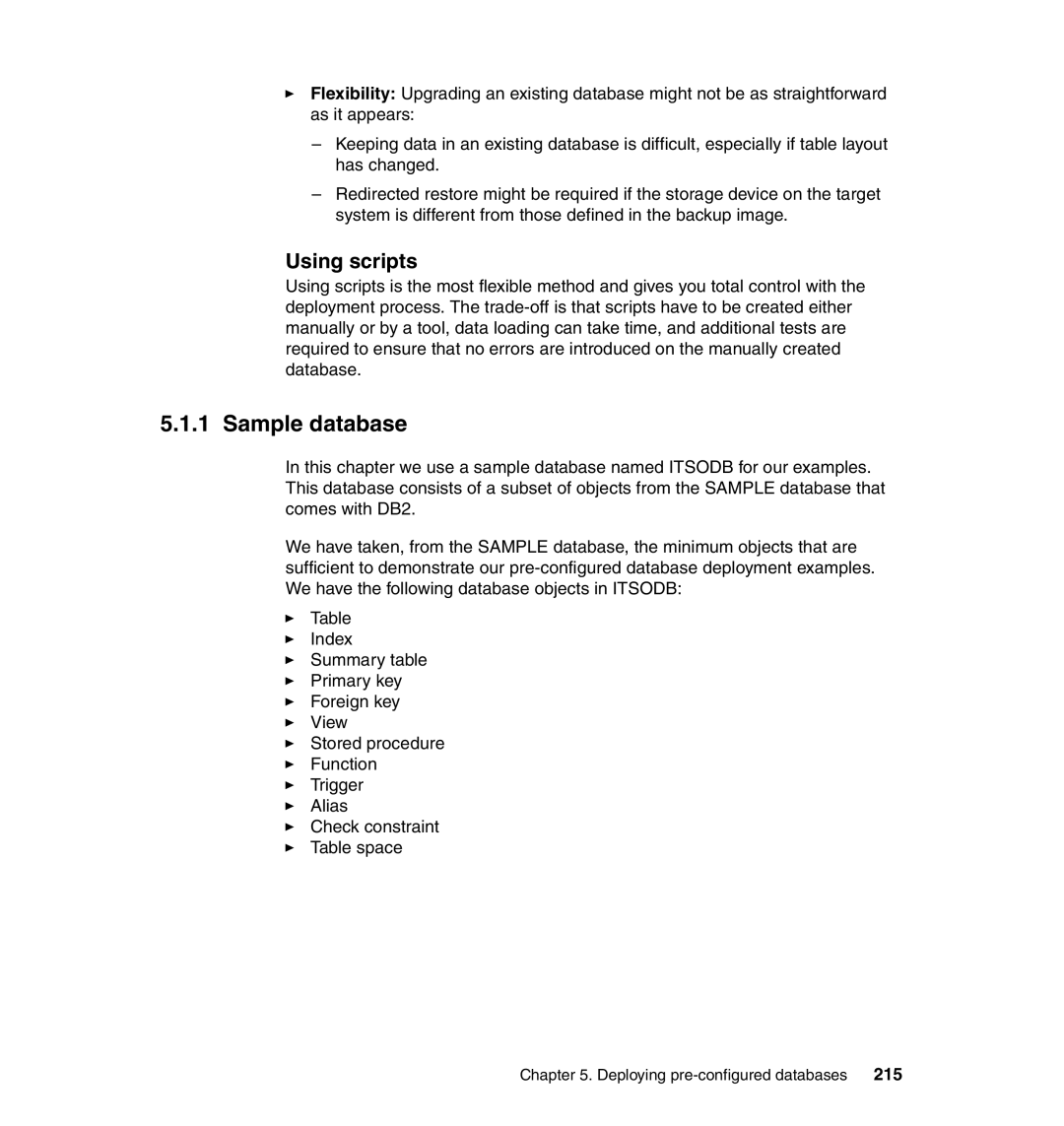 IBM DB2 manual Sample database, Using scripts, 215, Deploying pre-configured databases 