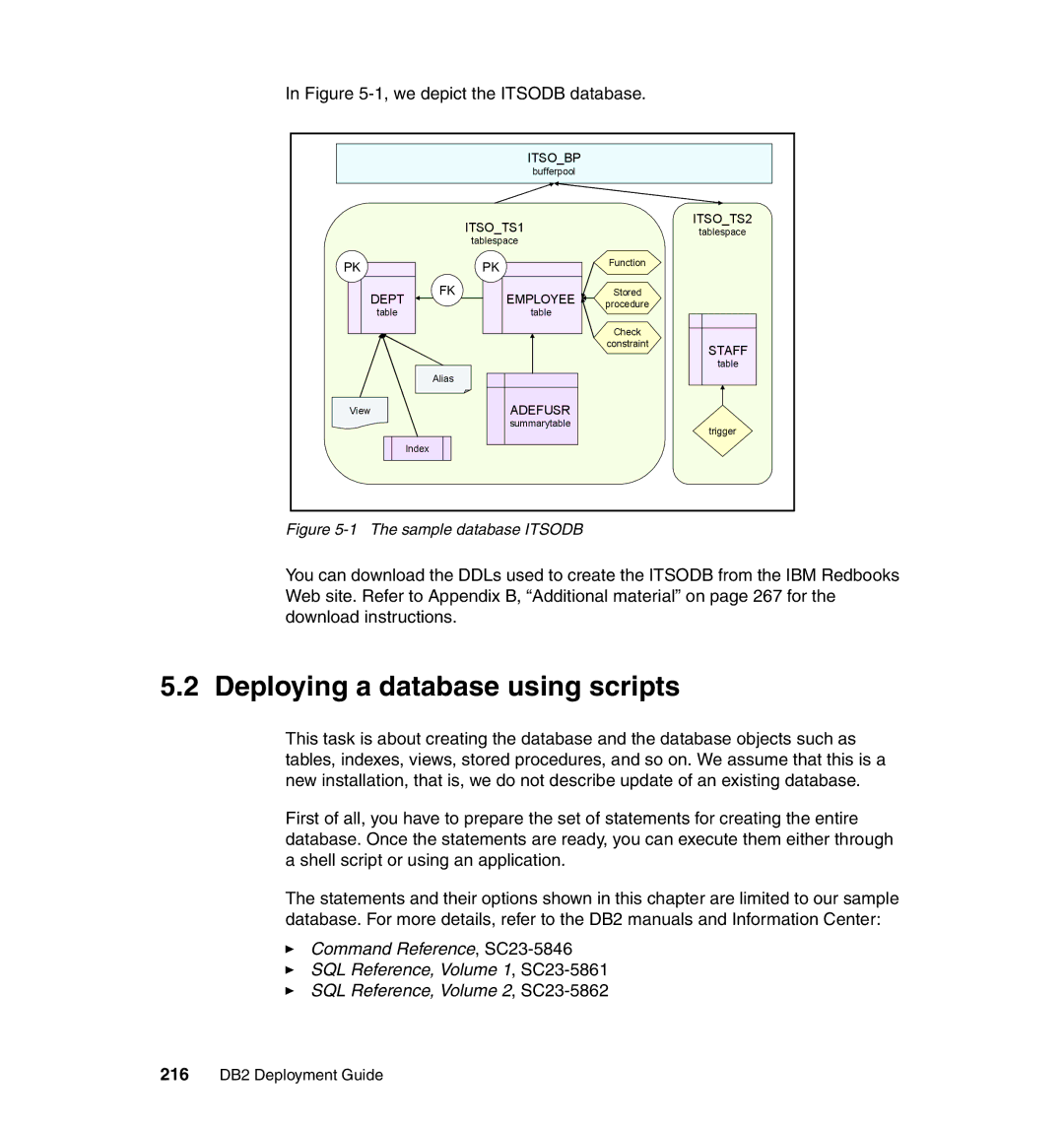 IBM manual Deploying a database using scripts, 216 DB2 Deployment Guide 