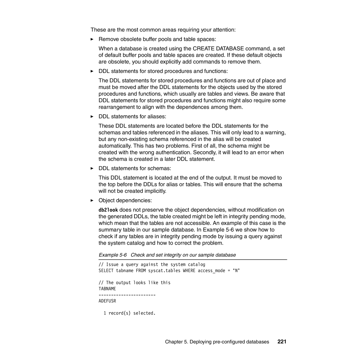 IBM DB2 manual 221, Example 5-6 Check and set integrity on our sample database 