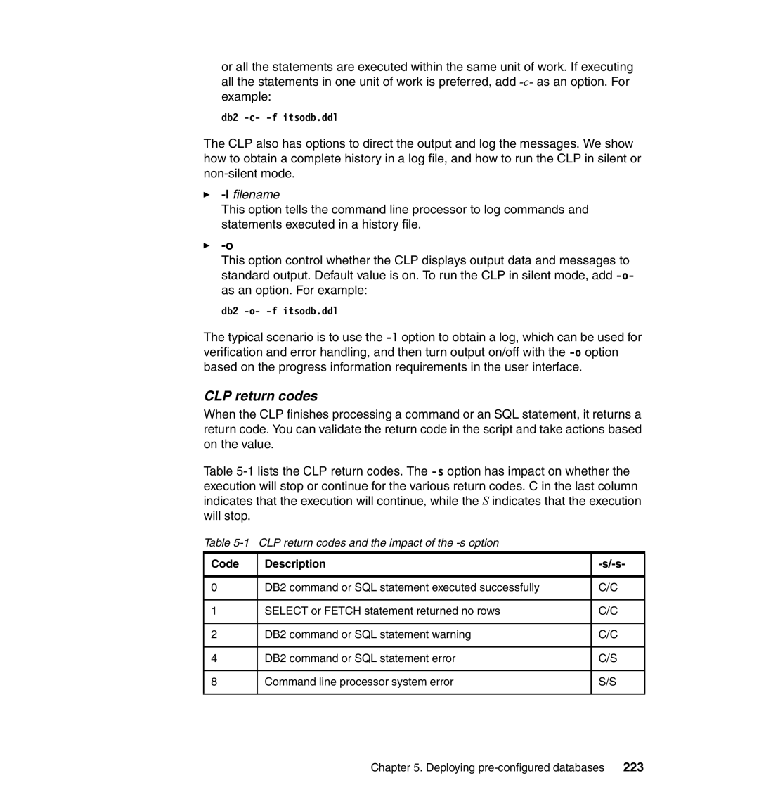 IBM DB2 manual 223, CLP return codes and the impact of the -s option 