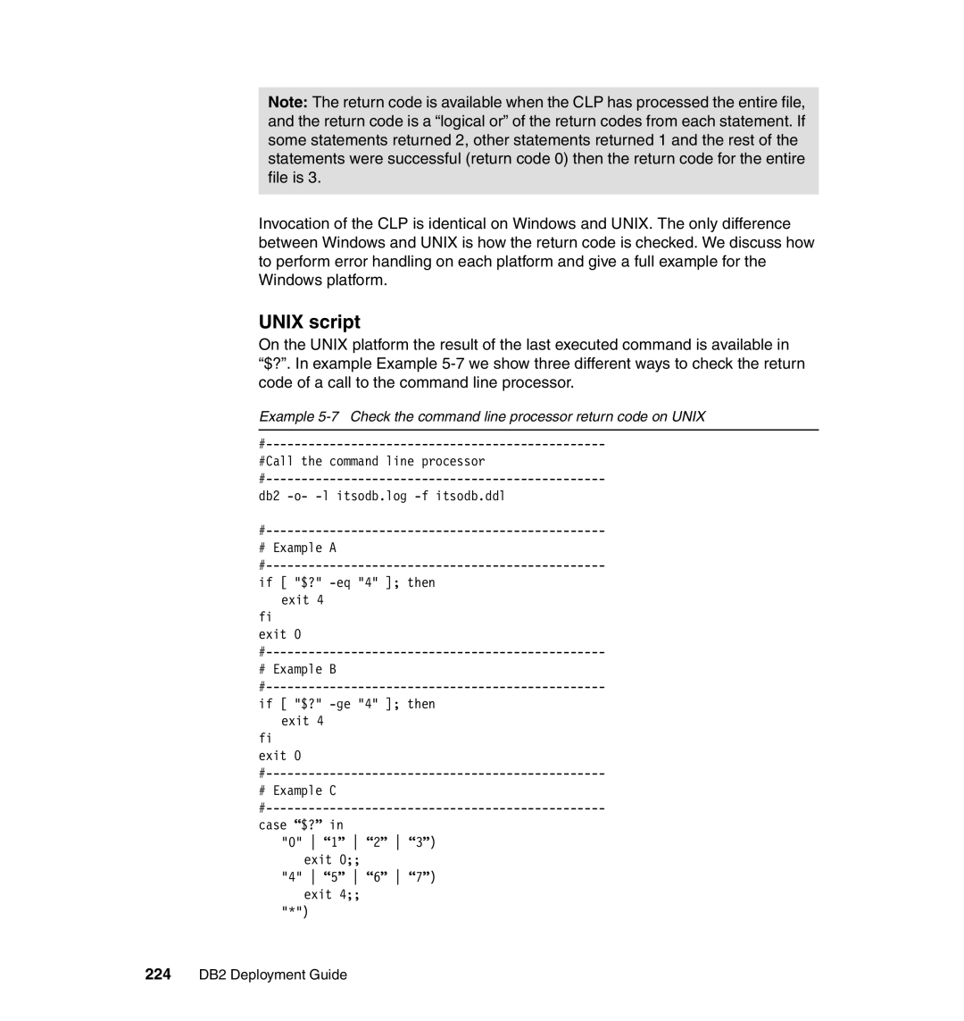 IBM manual Unix script, 224 DB2 Deployment Guide 