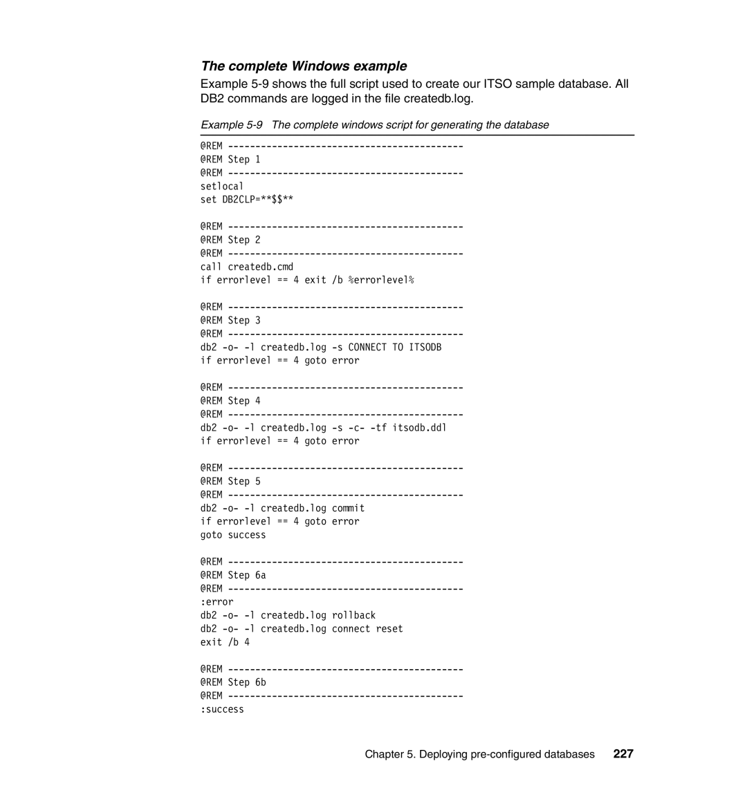 IBM DB2 manual Complete Windows example, 227 