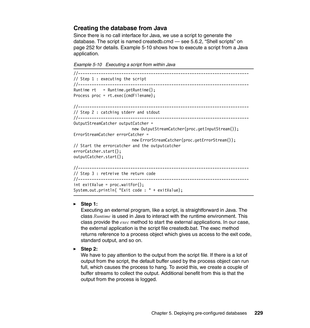 IBM DB2 manual Creating the database from Java, 229, Example 5-10 Executing a script from within Java 