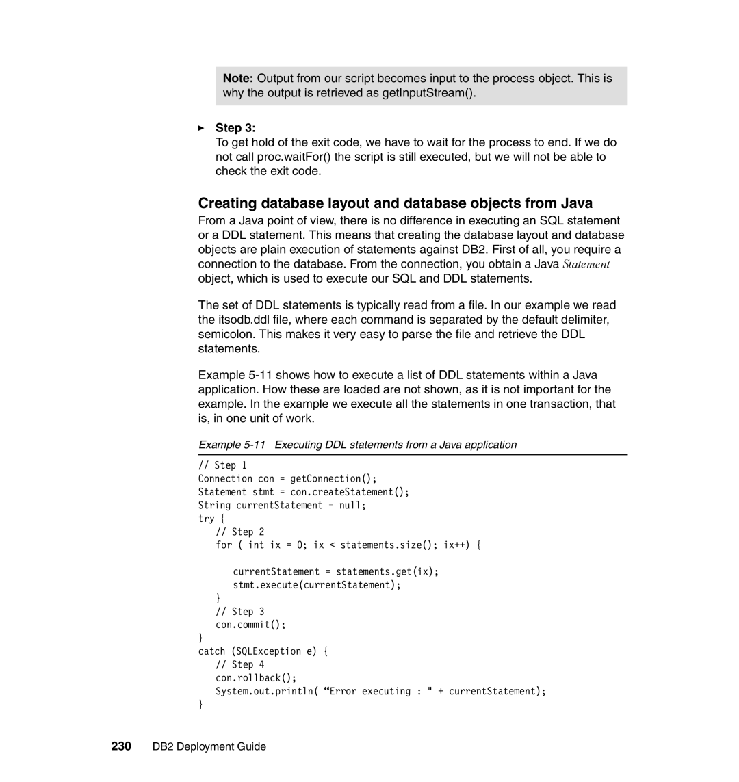 IBM manual Creating database layout and database objects from Java, 230 DB2 Deployment Guide 