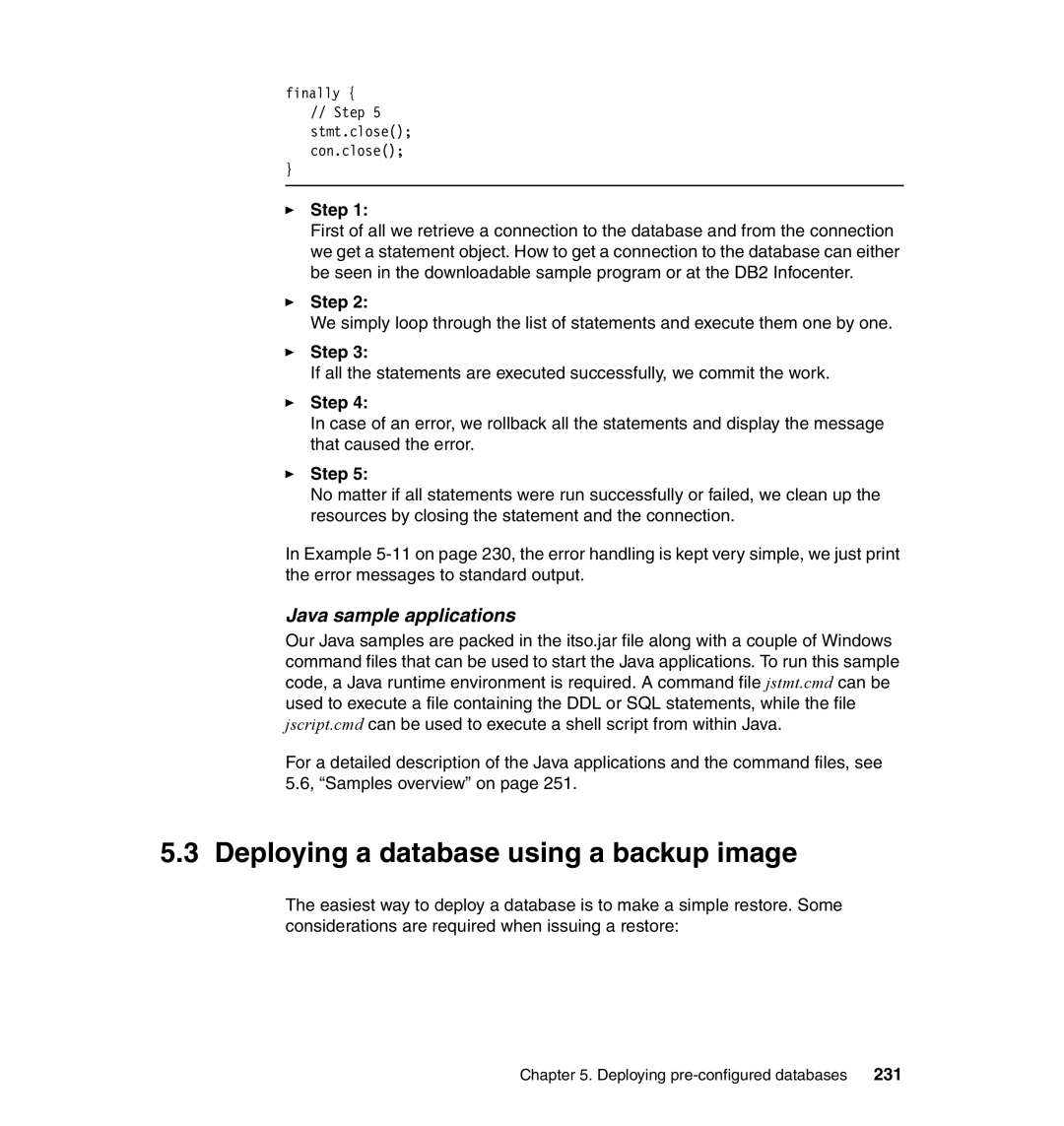 IBM DB2 manual Deploying a database using a backup image, Java sample applications, 231 