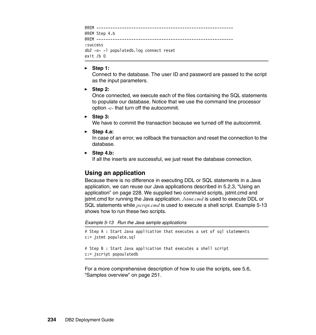 IBM manual Using an application, Example 5-13 Run the Java sample applications, 234 DB2 Deployment Guide 