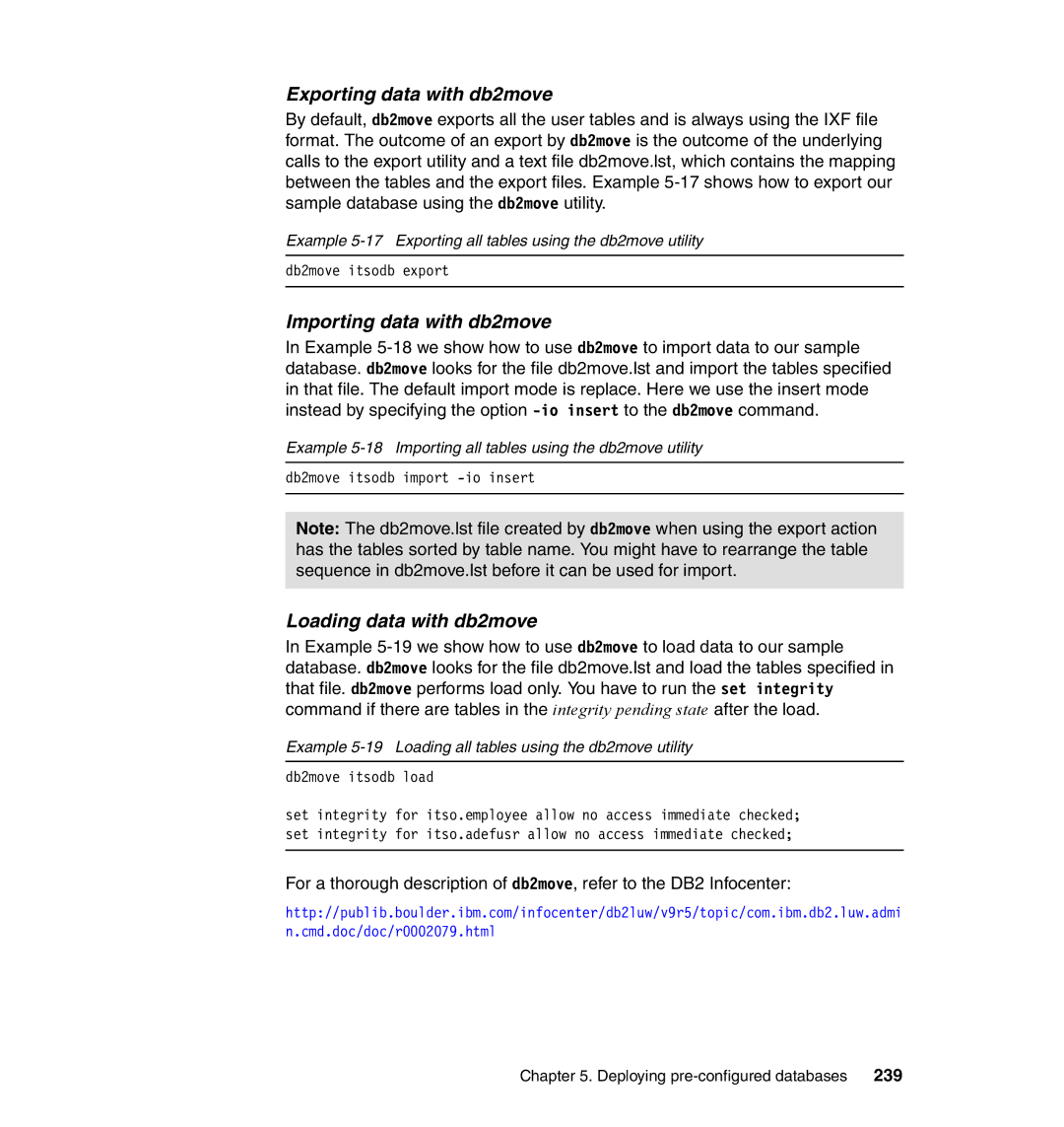 IBM DB2 manual Exporting data with db2move, Importing data with db2move, Loading data with db2move, 239 