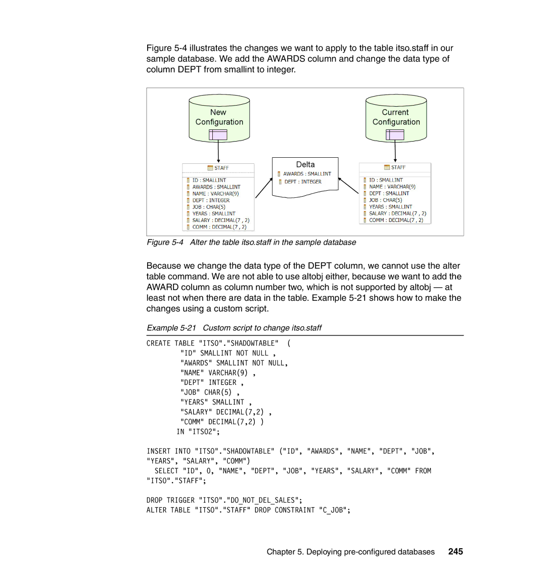 IBM DB2 manual 245, Example 5-21 Custom script to change itso.staff 