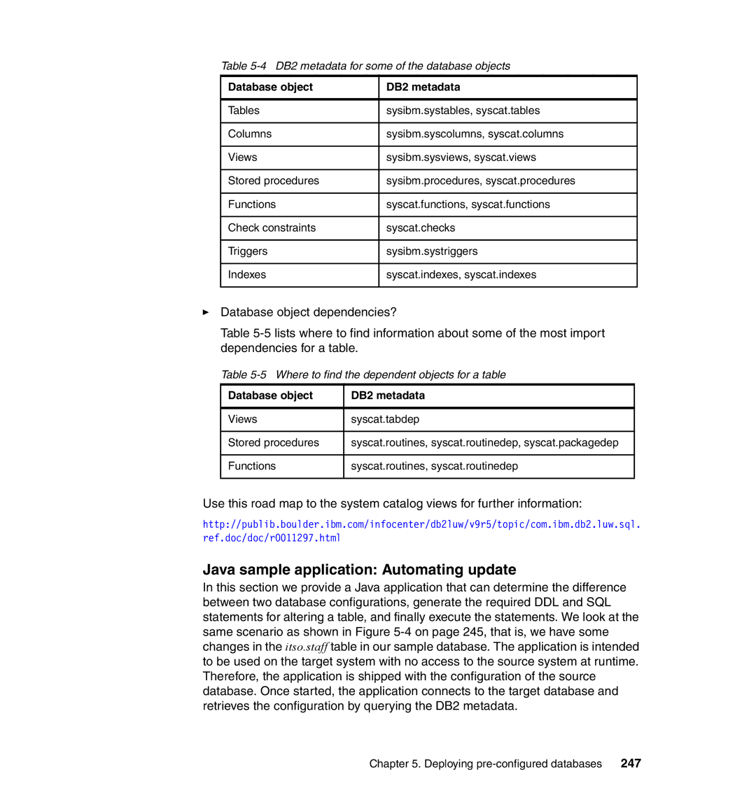 IBM manual Java sample application Automating update, 247, DB2 metadata for some of the database objects 