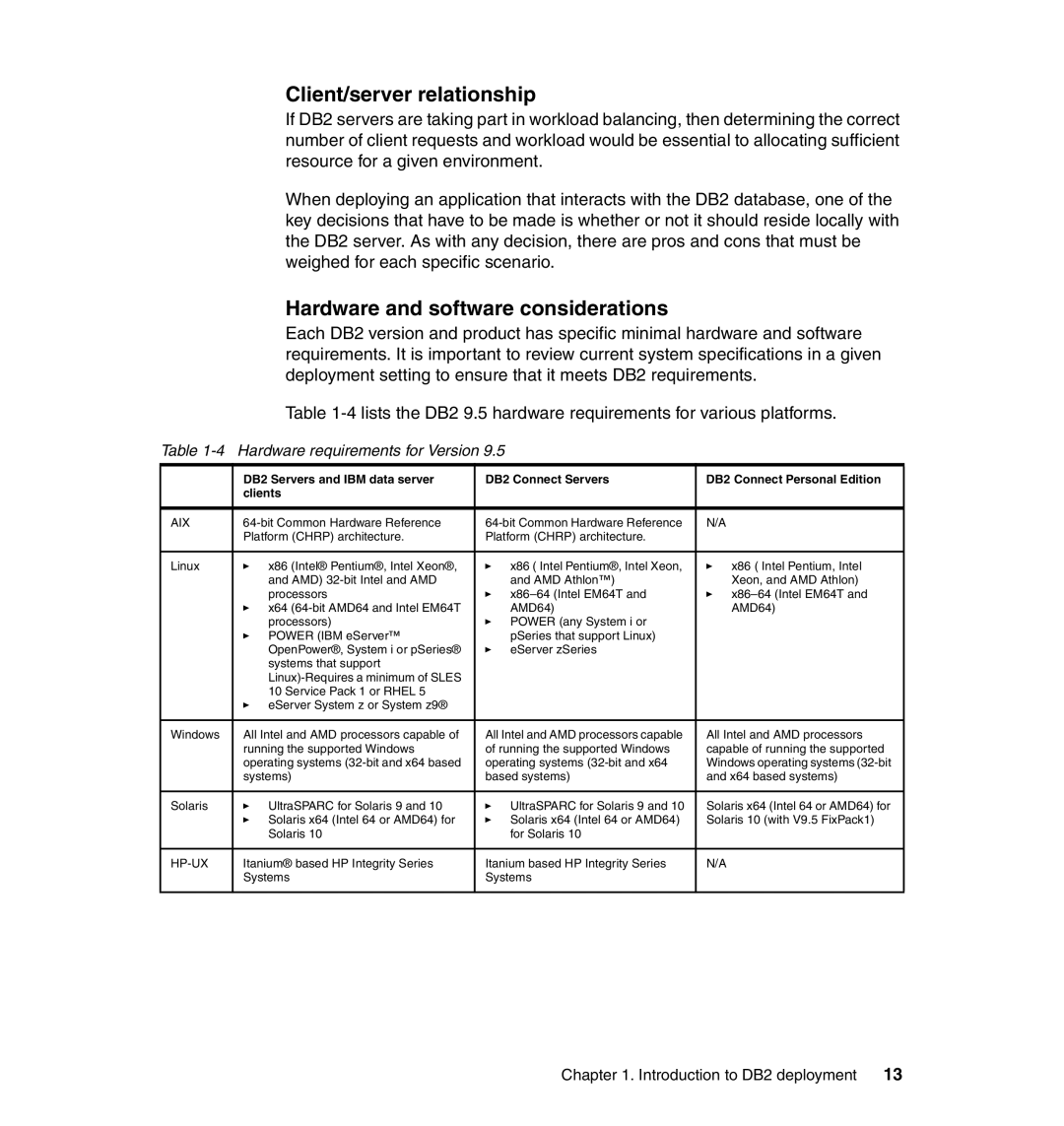 IBM DB2 manual Client/server relationship, Hardware and software considerations, Hardware requirements for Version 