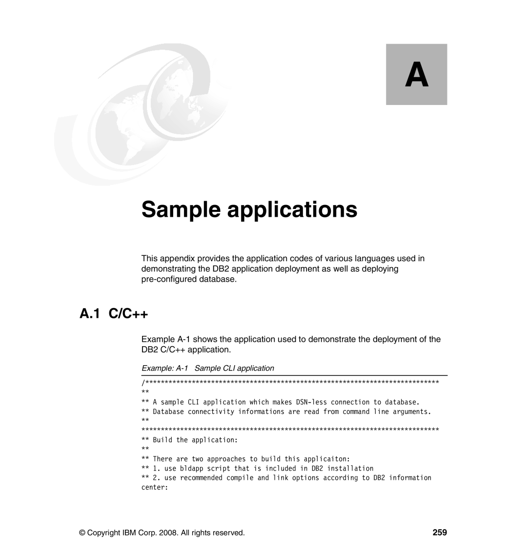 IBM DB2 manual C/C++, 259, Example A-1 Sample CLI application 