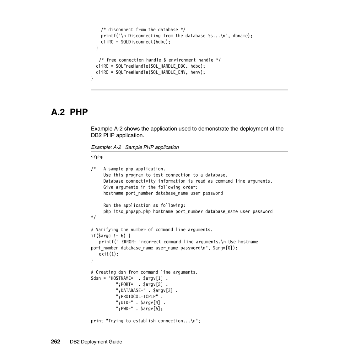 IBM manual Example A-2 Sample PHP application, 262 DB2 Deployment Guide 