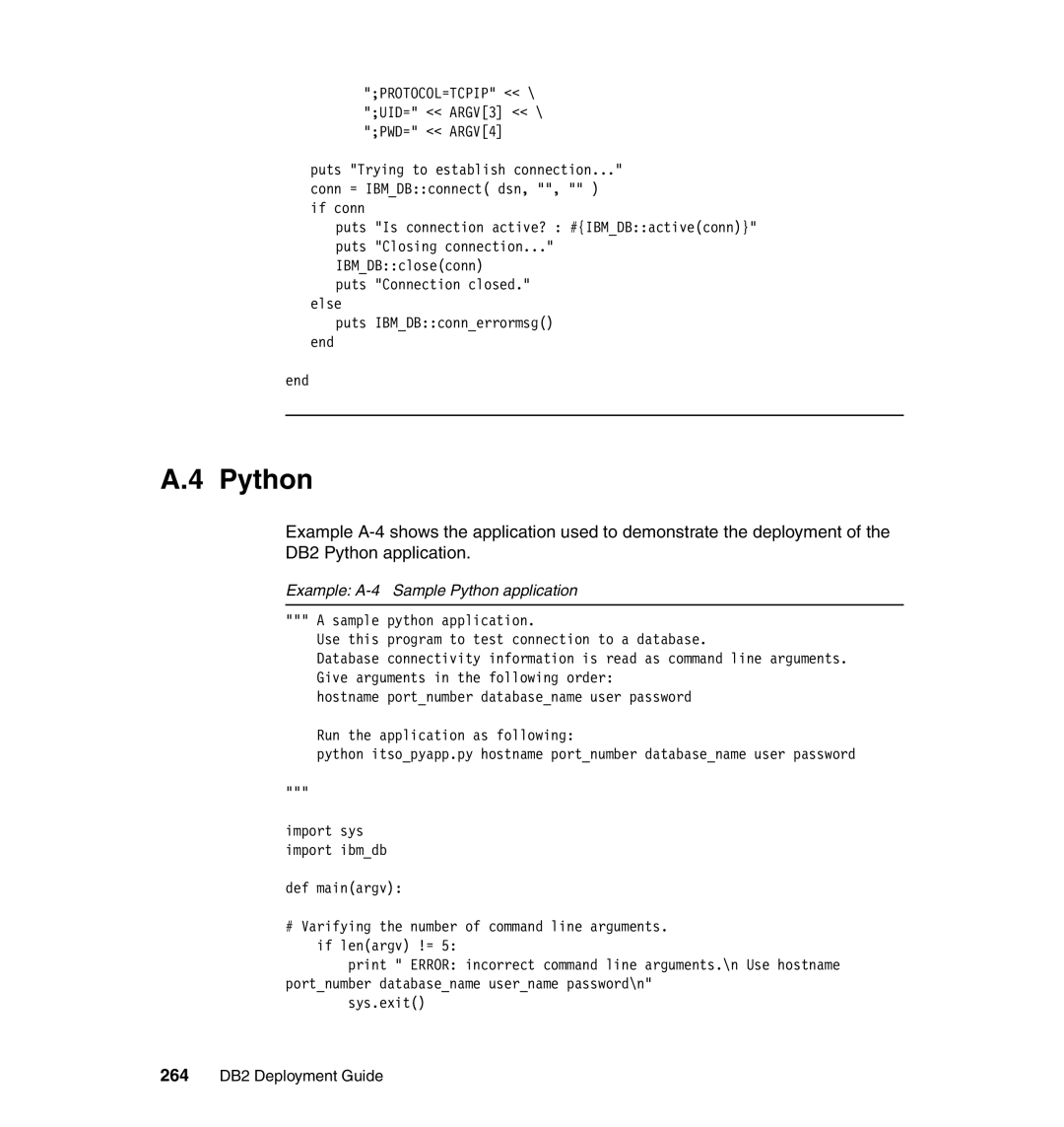 IBM manual Example A-4 Sample Python application, 264 DB2 Deployment Guide 