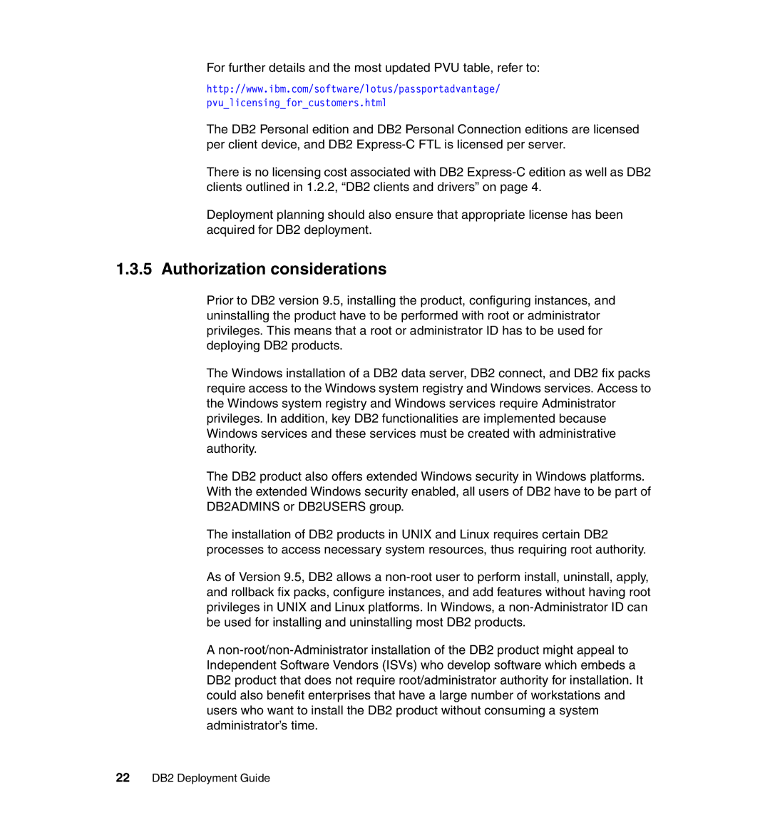 IBM manual Authorization considerations, 22 DB2 Deployment Guide 