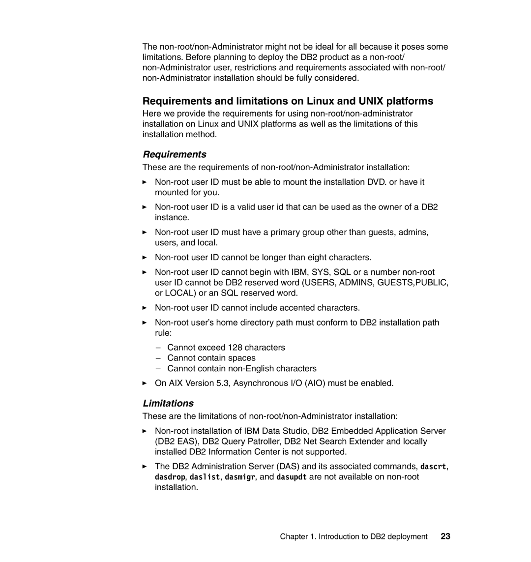 IBM DB2 manual Requirements and limitations on Linux and Unix platforms, Limitations 