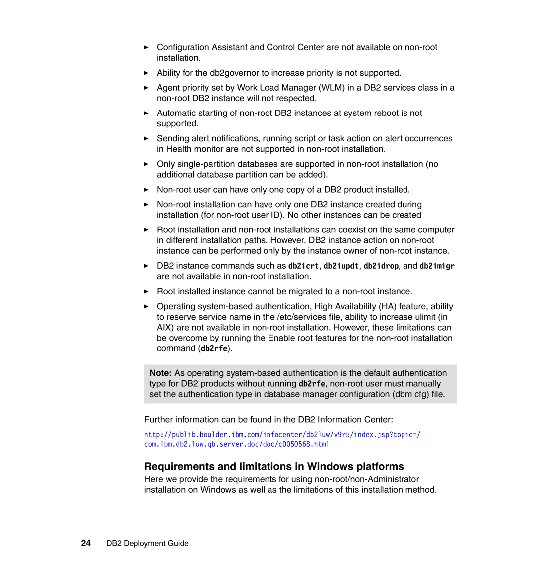 IBM manual Requirements and limitations in Windows platforms, 24 DB2 Deployment Guide 