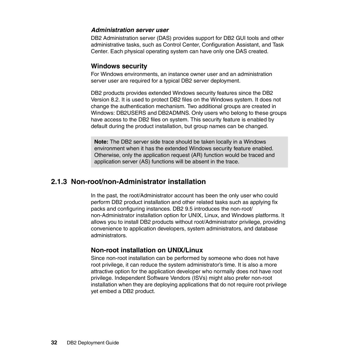 IBM DB2 manual Non-root/non-Administrator installation, Windows security, Non-root installation on UNIX/Linux 