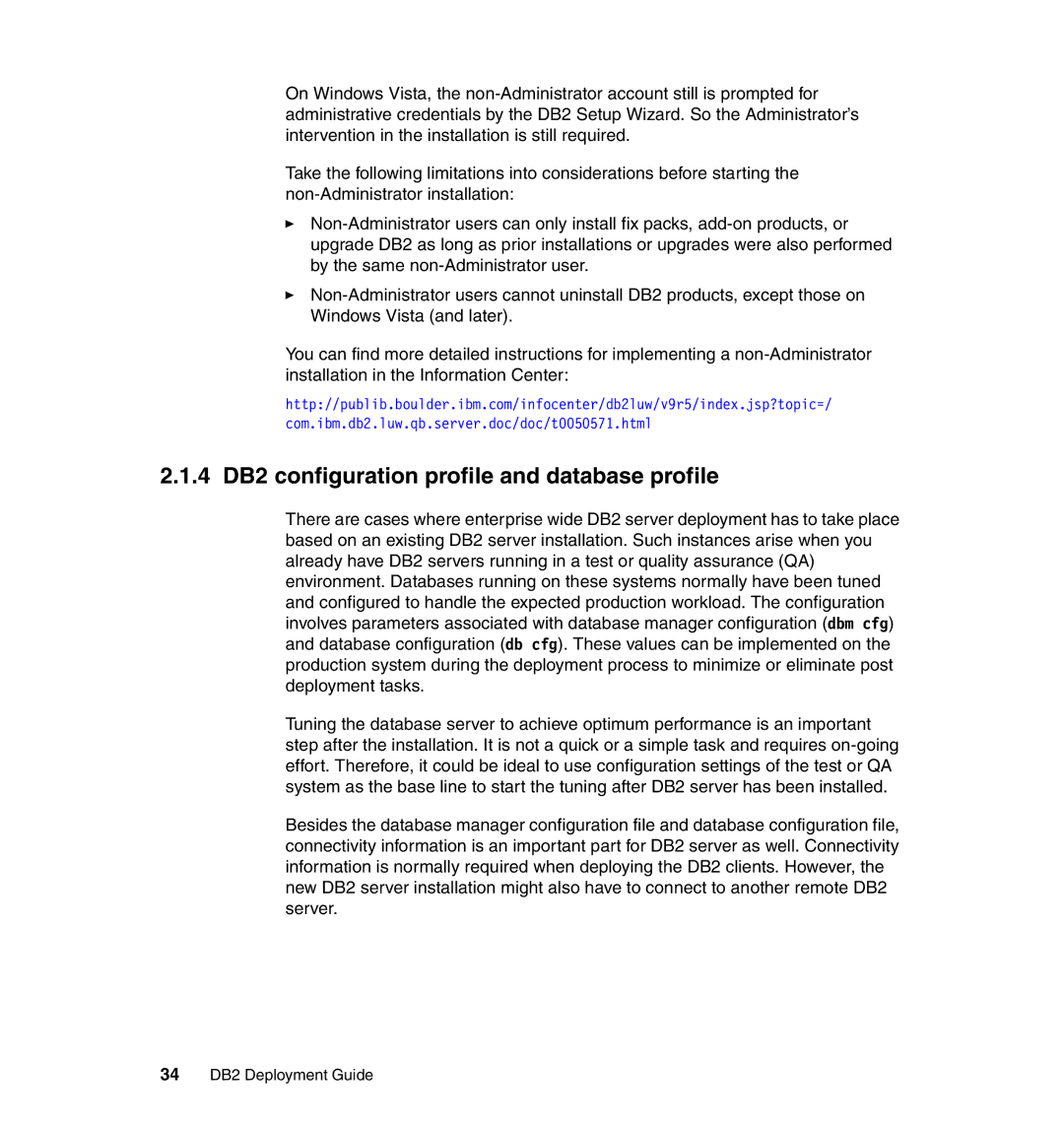 IBM manual 4 DB2 configuration profile and database profile, 34 DB2 Deployment Guide 