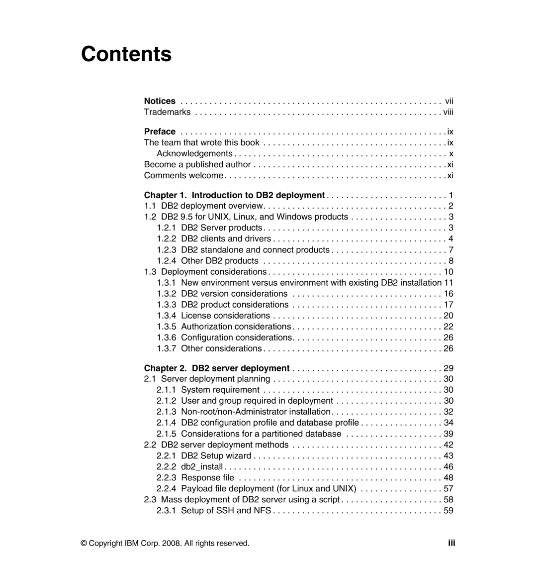 IBM DB2 manual Contents 