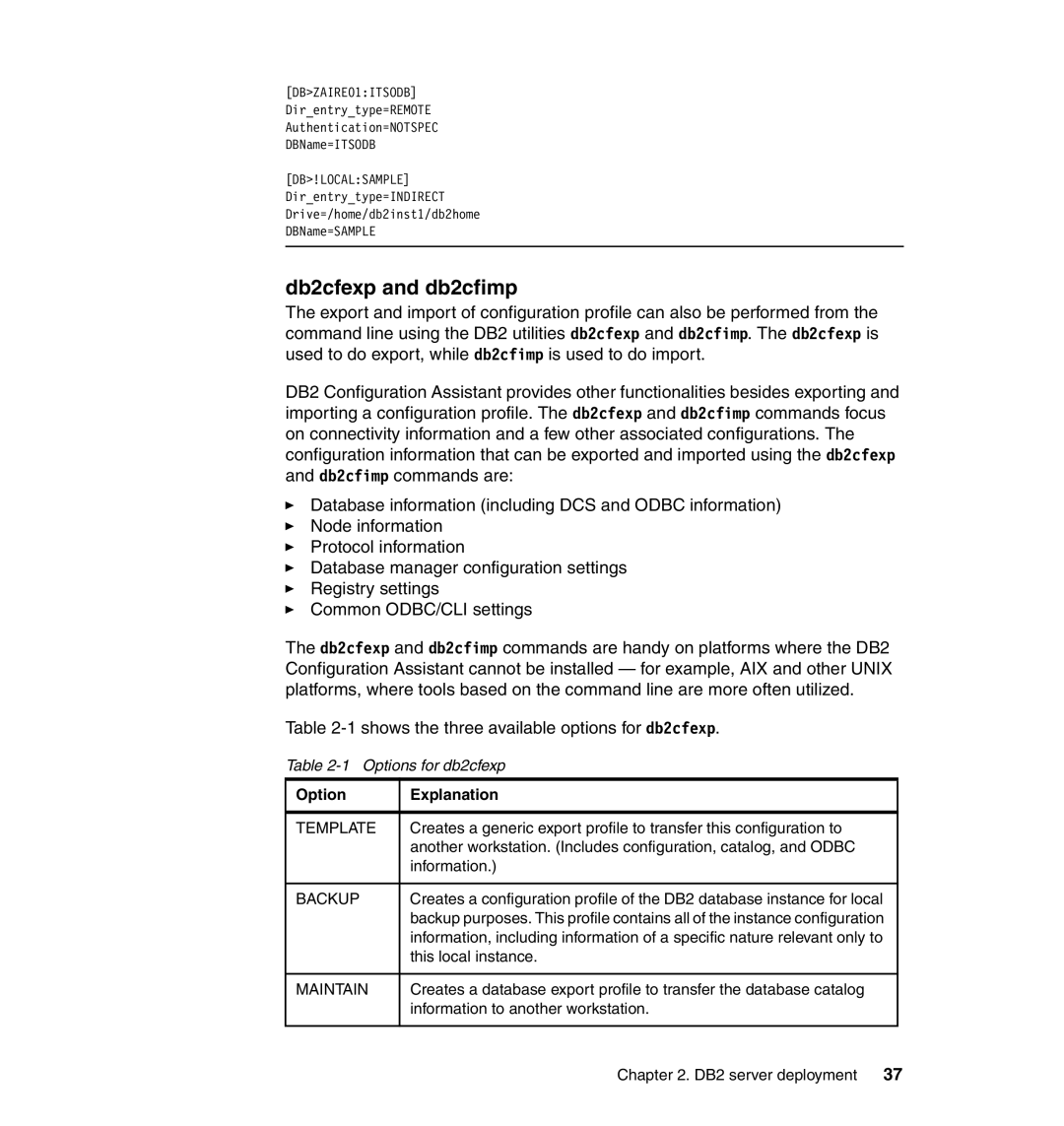 IBM DB2 manual Db2cfexp and db2cfimp, Options for db2cfexp, This local instance, Information to another workstation 