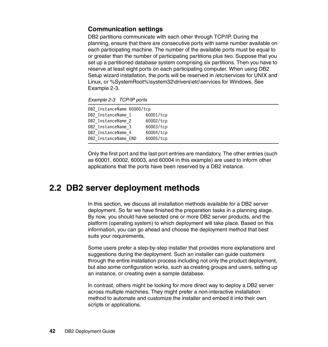 IBM manual DB2 server deployment methods, Communication settings, Example 2-3 TCP/IP ports, 42 DB2 Deployment Guide 