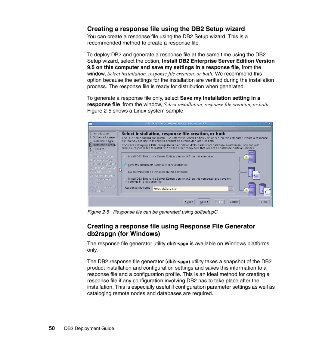 IBM manual Creating a response file using the DB2 Setup wizard, 50 DB2 Deployment Guide 